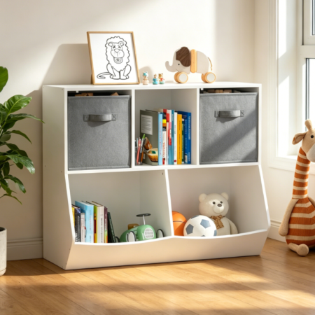 Kids Bookshelf, 5-Cubby Toy Cabinet with Two Drawers, Grey
