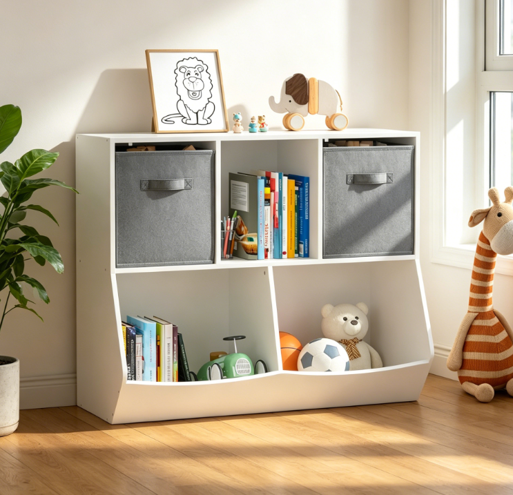 Kids Bookshelf, 5-Cubby Toy Cabinet with Two Drawers, Grey
