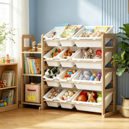 Toy Storage with Bookshelf, 3 Shelves + 12 Storage Bins, White