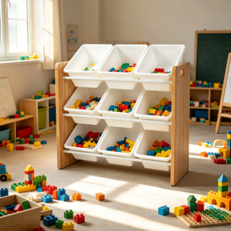 Toy Storage Shelf, Wood/White, Includes 9 Storage Boxes