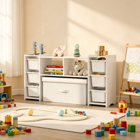 Kids' Toy Storage Shelf, Solid Wood Cabinet with 6 Plastic Bins, White