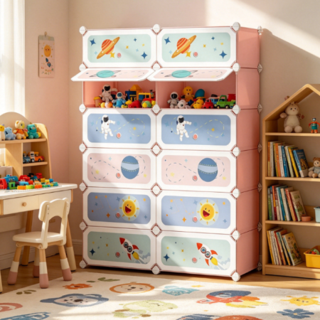 Kids Modular Shelf, 12 Cubes, Plastic Cabinet with Doors, Pink