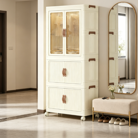 Foldable Mobile Wardrobe, Plastic Cabinet with Doors and Wheels, 1 Hanging + 2 Storage Areas