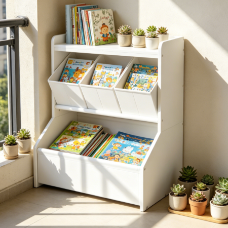 Toy Storage Organiser, 3-Tier Shelf with Toy Box and Cabinet, White